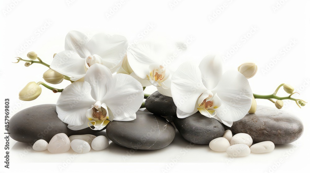Spa still life with massage stones,white orchid on water reflection. Spa and white orchid