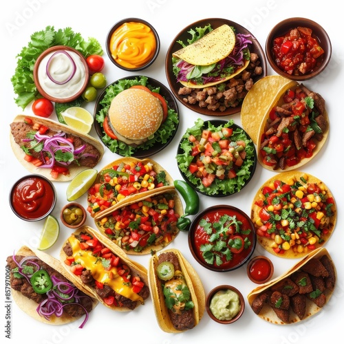 Wallpaper Mural A table full of Mexican food including tacos, burritos, and a hamburger. The table is covered with various condiments and toppings, and the food is arranged in a way that makes it look like a buffet Torontodigital.ca