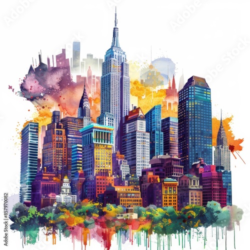 A cityscape with the Empire State Building in the center. The buildings are tall and colorful, and the sky is filled with clouds. Scene is vibrant and lively