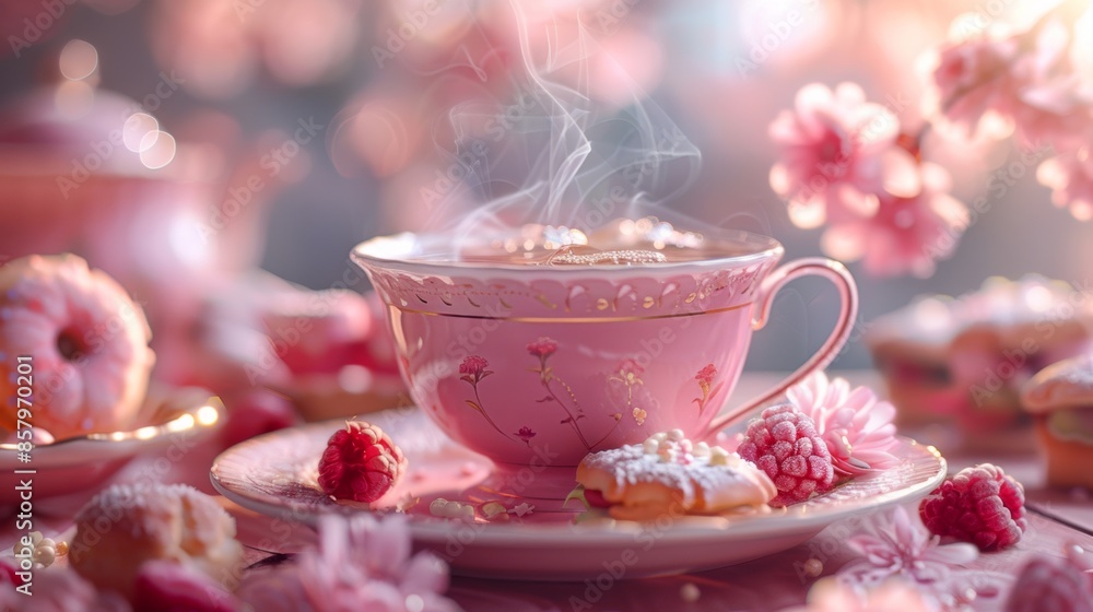 Unusual pink tea cup Surrounded by delicious pastries and delicate crockery Unusual pink tea cup Surrounded by delicious pastries and delicate crockery
