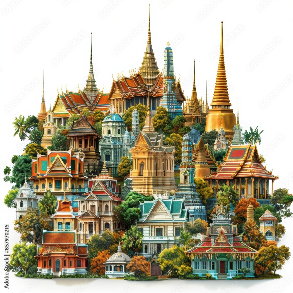 Fototapeta premium A large drawing of a city with many buildings and a palm tree. The buildings are of different colors and styles, and the palm tree is in the foreground. Scene is lively and colorful