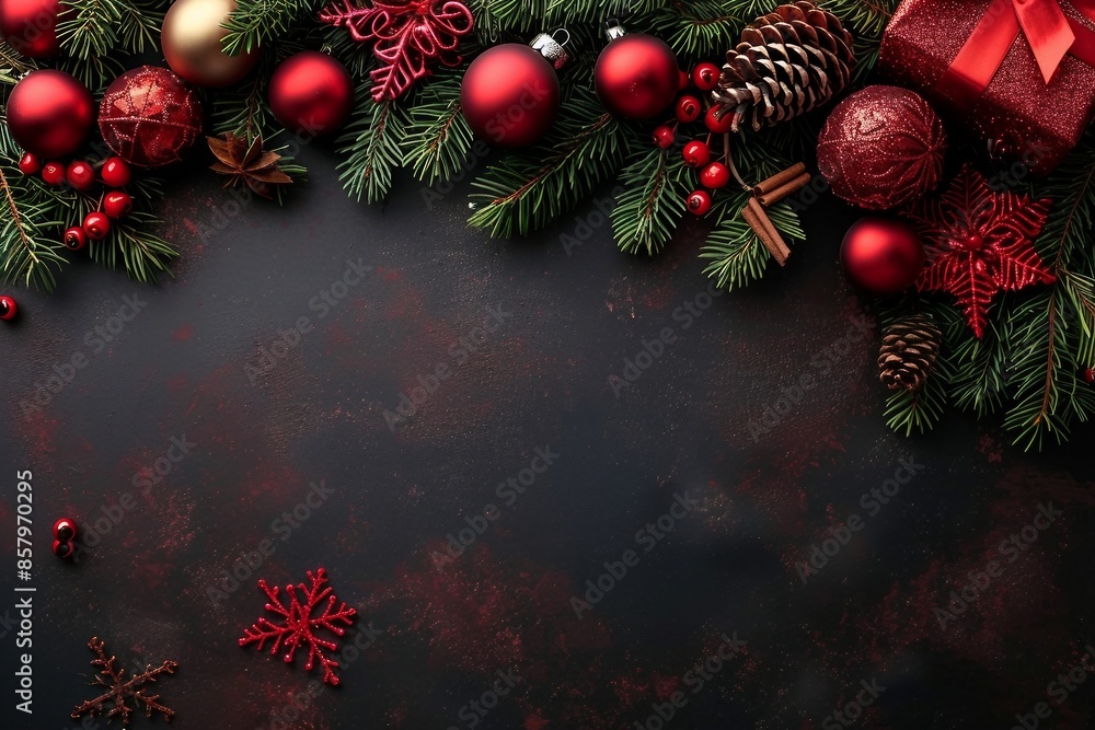 Christmas background with fir tree and decor. Top view with copy space. generative ai. Christmas background with fir tree and decor. Top view with copy space. generative ai.