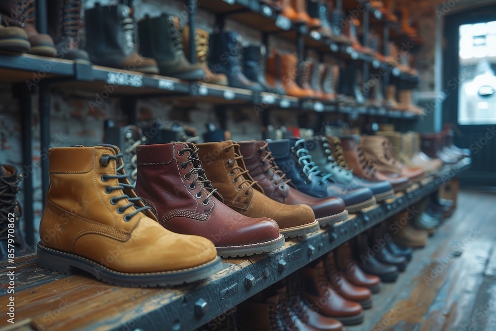 Different styles and colors of leather boots elegantly lined up on shelves in a footwear store, showcasing a wide range of options available for fashion-conscious customers. Different styles and colors of leather boots elegantly lined up on shelves in a footwear store, showcasing a wide range of options available for fashion-conscious customers.