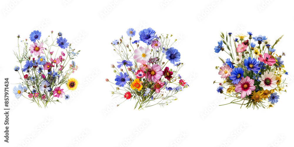 Bouquet of colorful wildflowers, cosmos, daisies and bluebells on a white background. Isolated summer meadow flowers for wedding or holiday decoration in the style of meadow flowers.
Bouquet of colorful wildflowers, cosmos, daisies and bluebells on a white background. Isolated summer meadow flowers for wedding or holiday decoration in the style of meadow flowers.