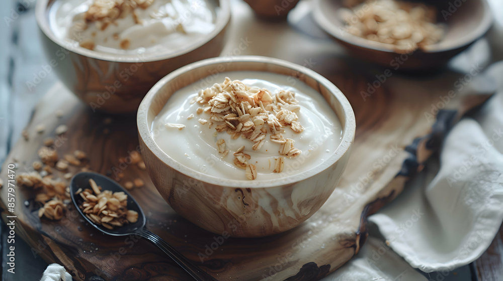 Fast food coconut yogurt served with a side of granola, presented on a rustic wooden board Fast food coconut yogurt served with a side of granola, presented on a rustic wooden board