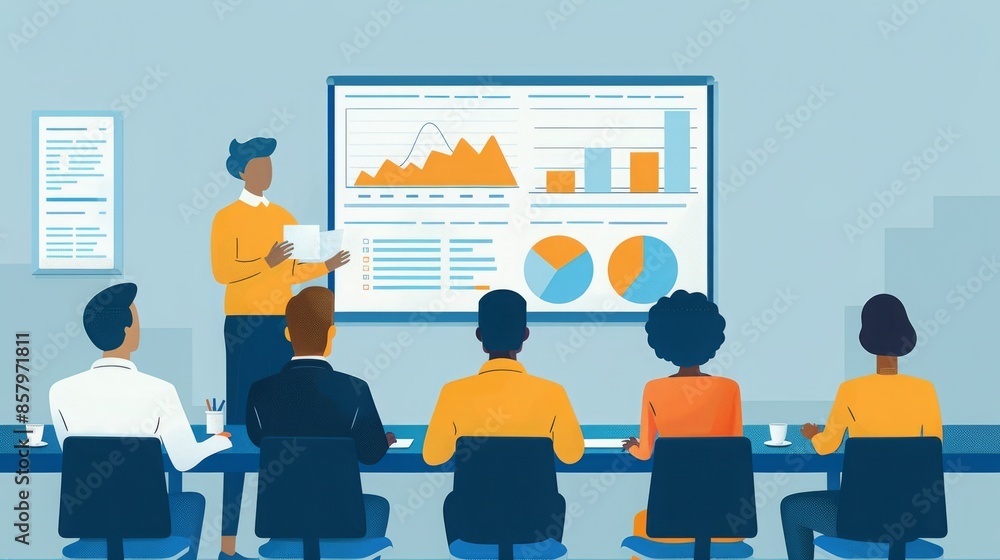Illustration of a business meeting where a presenter discusses data charts and graphs with a diverse team in a professional setting. Illustration of a business meeting where a presenter discusses data charts and graphs with a diverse team in a professional setting.