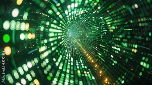 Green binary code flows down the screen, swirling into a tunnel of digital information. Reflecting themes of programming mastery, cybersecurity diligence, and technological advancement. 