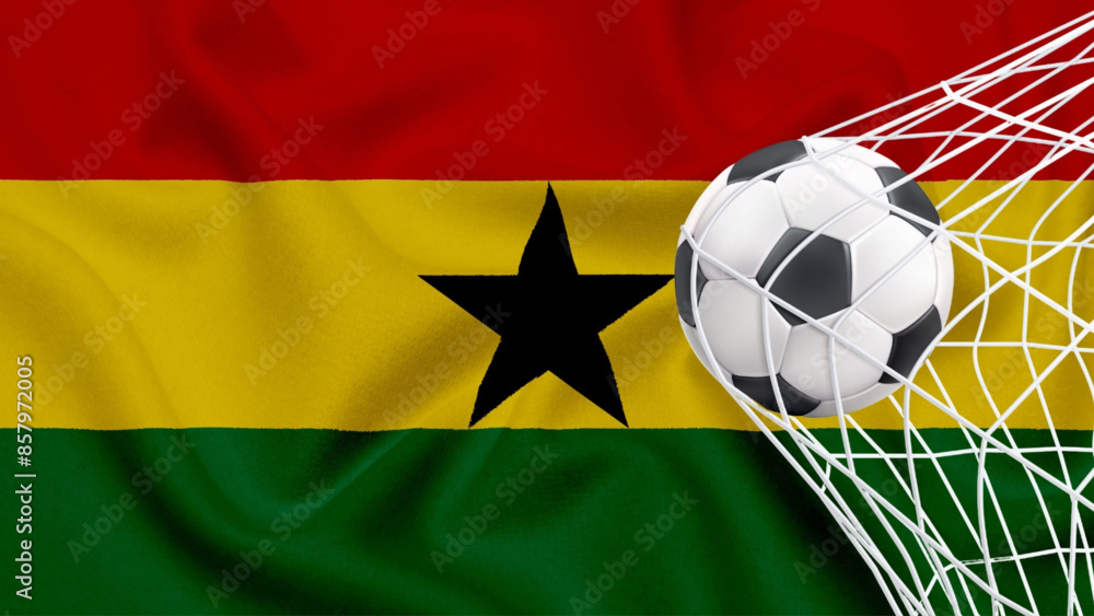 Fototapeta premium Football ball with the national flag of Ghana. Flag of Ghana. Horizontal Realistic waving flag of State of Ghana. Fabric textured flowing flag of Ghana.