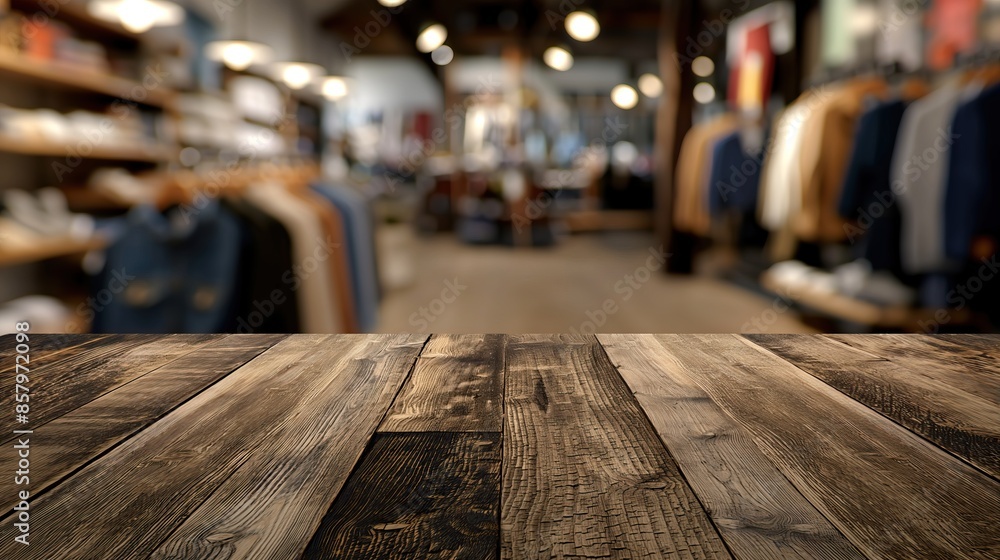 a close up of a rustic empty wooden table with blurred clothing store background