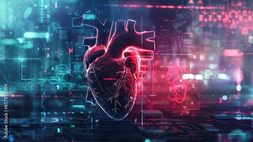 A heart is shown in a digital image with a red background. The heart is surrounded by a blue and red background, giving the impression of a futuristic cityscape. Concept of technology and innovation