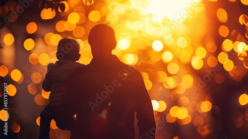 Abstract Art: Orange Sunlight Illuminates Father and Child Against Lemon Chiffon Background