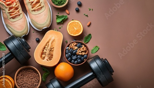 bodybuilding food concept; slim shape and fitness weight and sneakers, dumbbells flat lay, copy space