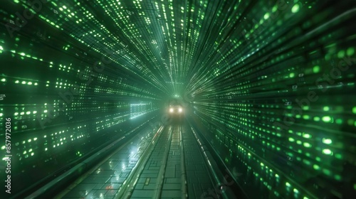 A mesmerizing view of green binary code streaming, creating a tunnel effect on screen, emphasizing themes of programming, cybersecurity, and technology.
