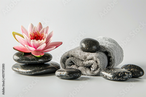 Spa still life with lotus flower and spa stones on white background photo