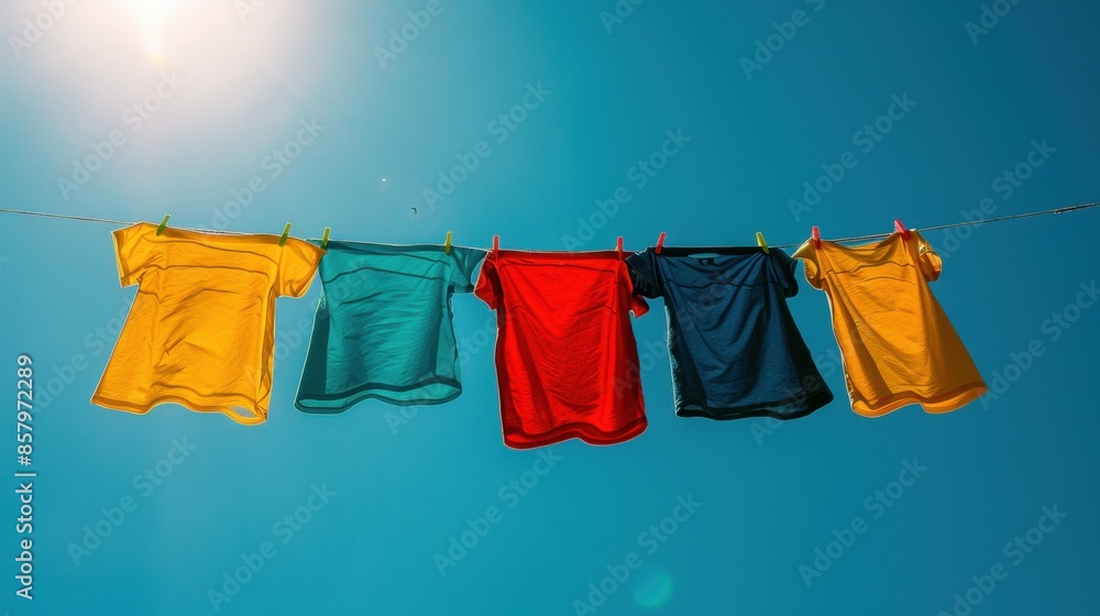 Four vibrant T-shirts-green, blue, yellow, and red-drape elegantly on a clothesline against a pristine blue sky. Each color pops with cheer, blending style and nature in a sunny outdoor display.
Four vibrant T-shirts-green, blue, yellow, and red-drape elegantly on a clothesline against a pristine blue sky. Each color pops with cheer, blending style and nature in a sunny outdoor display.