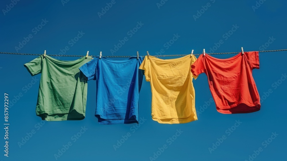 Four colorful T-shirts (green, blue, yellow, and red) hanging on a clothesline against a clear blue sky. The vibrant colors create a cheerful and sunny outdoor scene.
Four colorful T-shirts (green, blue, yellow, and red) hanging on a clothesline against a clear blue sky. The vibrant colors create a cheerful and sunny outdoor scene.
