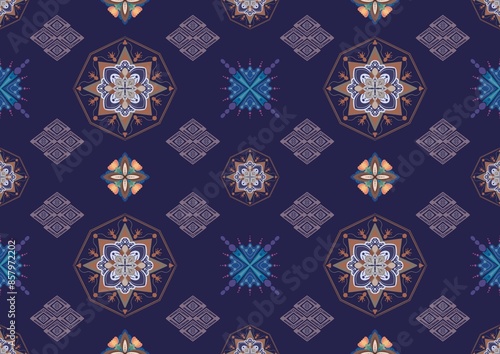 Ikat floral paisley embroidery on dark background.geometric ethnic oriental seamless pattern traditional.Aztec style abstract vector illustration.design for texture,fabric,clothing,wrapping,carpet.