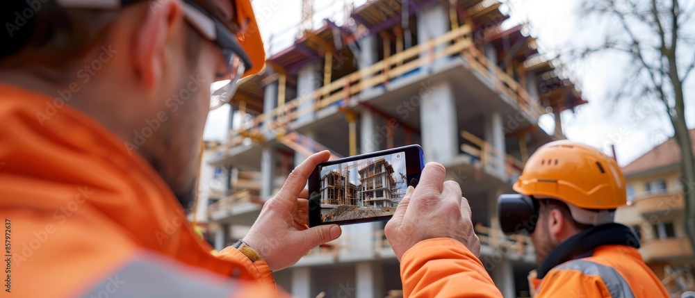 Construction Workers on a Building Site with Safety Gear Construction Workers on a Building Site with Safety Gear