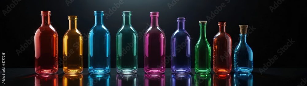 Hyperrealistic still life image of various glass bottles and vases in vibrant colors, arranged on a reflective surface with dramatic lighting. Hyperrealistic still life image of various glass bottles and vases in vibrant colors, arranged on a reflective surface with dramatic lighting.