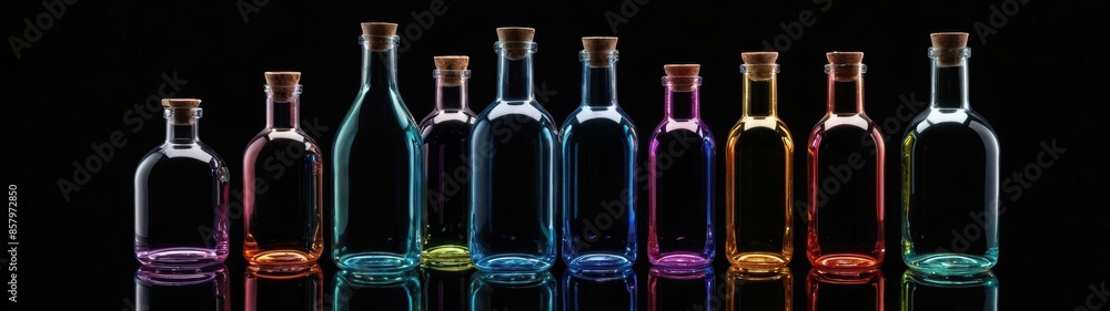 Hyperrealistic still life image of various glass bottles and vases in vibrant colors, arranged on a reflective surface with dramatic lighting. Hyperrealistic still life image of various glass bottles and vases in vibrant colors, arranged on a reflective surface with dramatic lighting.