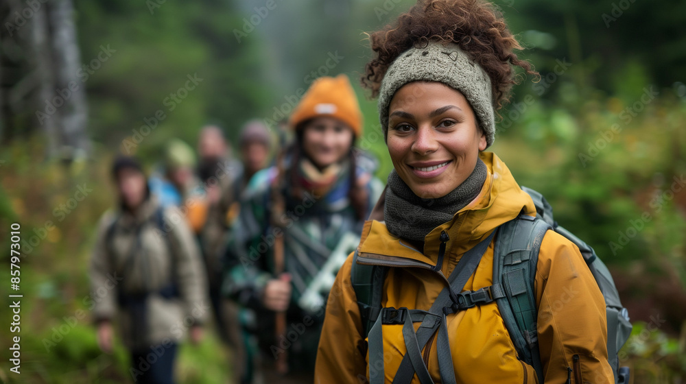 Group of people hiking in the woods Group of people hiking in the woods
