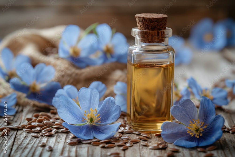 Essential Flaxseed Oil with Blue Linum Flowers on Rustic Wood Background. Essential Flaxseed Oil with Blue Linum Flowers on Rustic Wood Background.