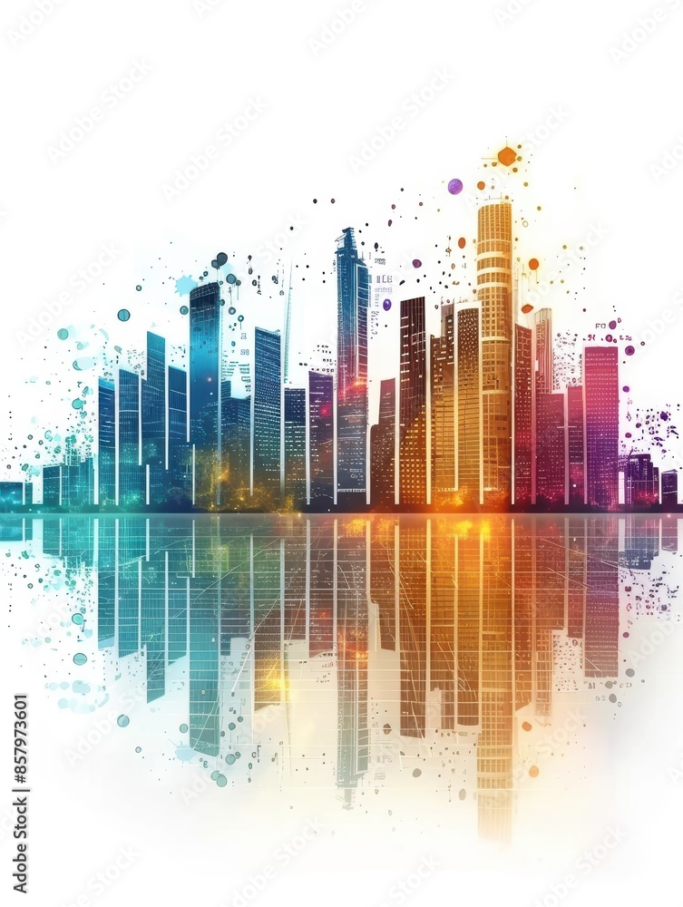 Obraz premium A city skyline is reflected in a body of water. The reflection is colorful and vibrant, with the buildings appearing to be illuminated by the water. Concept of energy and excitement
