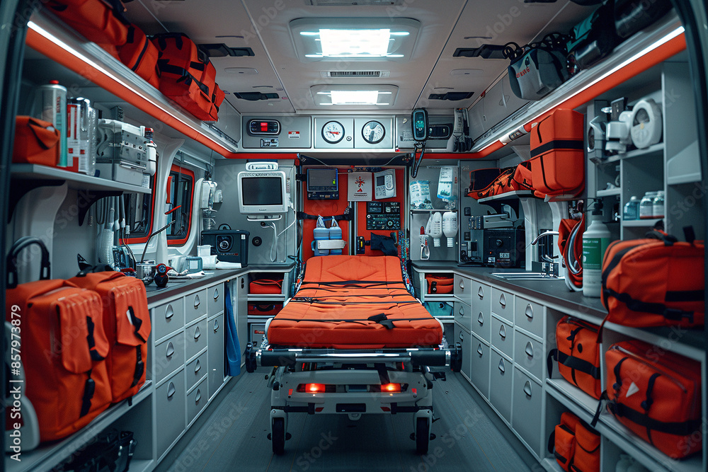 Healthcare concept. Inside of an ambulance. Lots of medical equipment and stretcher. Healthcare concept. Inside of an ambulance. Lots of medical equipment and stretcher.