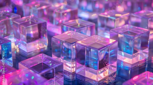 Vibrant neon light reflecting through transparent cubes on surface