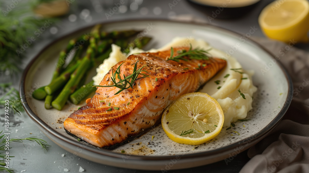 Elegant dinner setup with a plate of perfectly seared salmon fillet Elegant dinner setup with a plate of perfectly seared salmon fillet