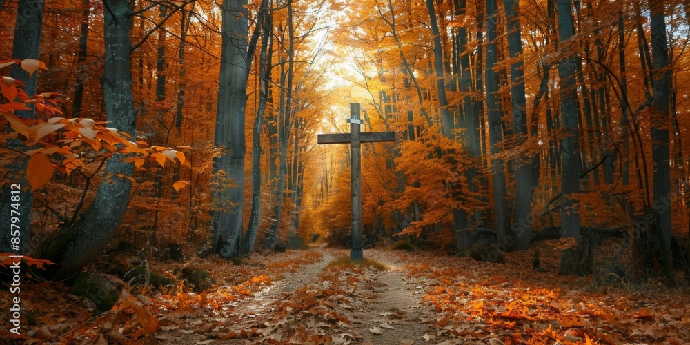 Serene Autumn Forest with Cross Symbolizing Faith and Harmony. Fallen Leaves Covering the Ground, Tranquil Natural Environment, Christianity, Jesus, New Year, Light, Christmas, Event, High-Resolution 
