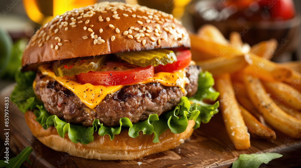 a gourmet cheeseburger with a juicy patty, melted cheese, fresh lettuce, tomato, and a sesame seed bun a gourmet cheeseburger with a juicy patty, melted cheese, fresh lettuce, tomato, and a sesame seed bun