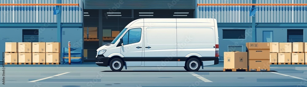 Delivery van loading at a warehouse docking station , flat design, organic forms, Delivery van loading at a warehouse docking station , flat design, organic forms,