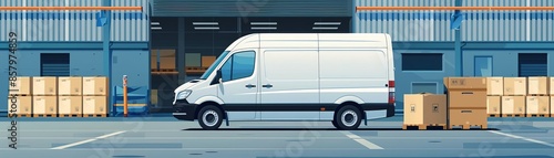 Delivery van loading at a warehouse docking station  , flat design, organic forms,