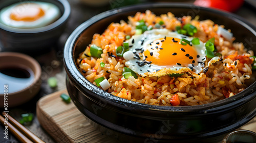 Fast food kimchi fried rice served with a side of soy sauce, presented on a rustic wooden board