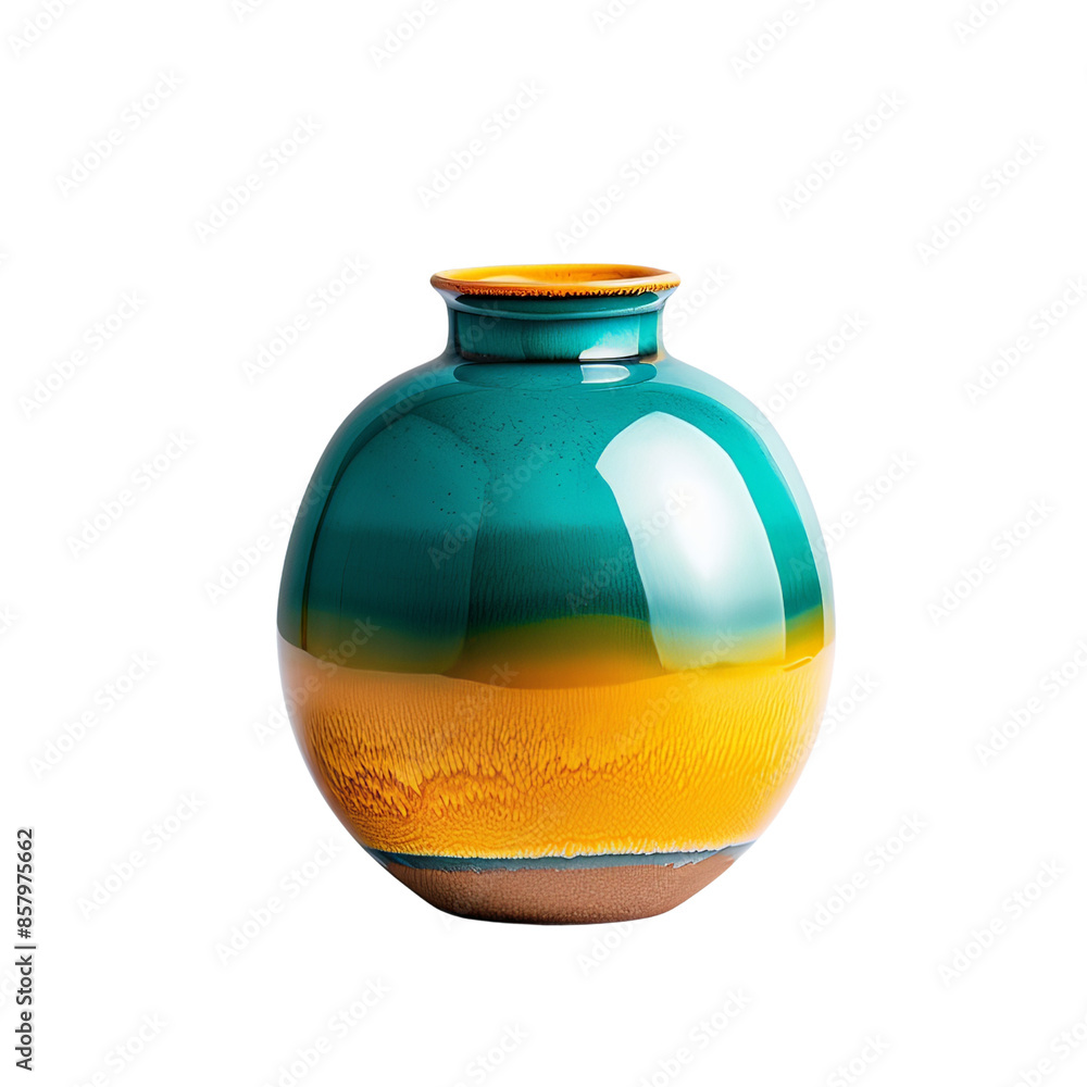 Colorful round ceramic vase with a glossy finish, featuring a green top and yellow bottom, isolated on transparent background. Colorful round ceramic vase with a glossy finish, featuring a green top and yellow bottom, isolated on transparent background.