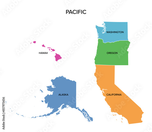 Pacific states, the West Coast of the United States, multi colored political map. United States Census division of the West region, consisting of Alaska, California, Hawaii, Oregon, and Washington.