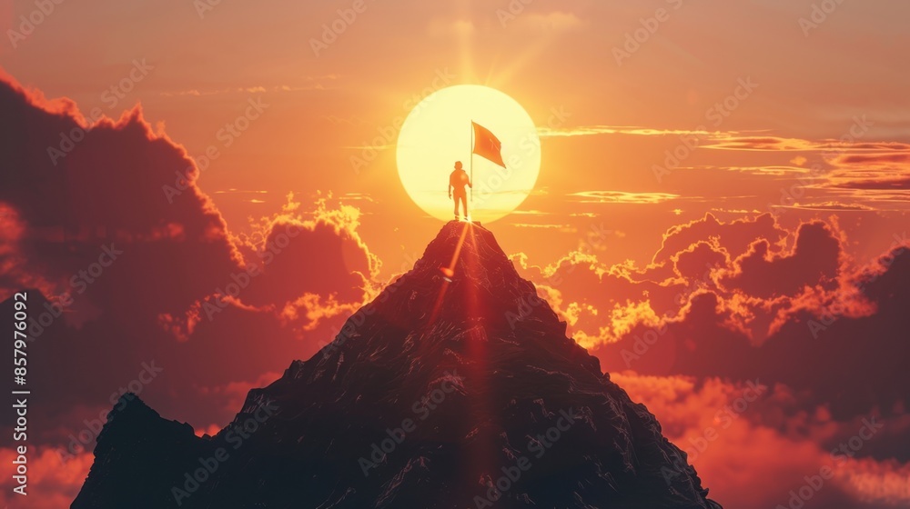 A silhouette of a person standing triumphantly on a mountain peak ...