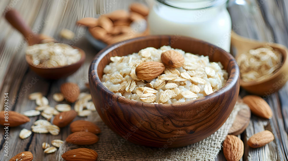 Fast food oatmeal served with a side of almond milk, presented on a rustic wooden board Fast food oatmeal served with a side of almond milk, presented on a rustic wooden board
