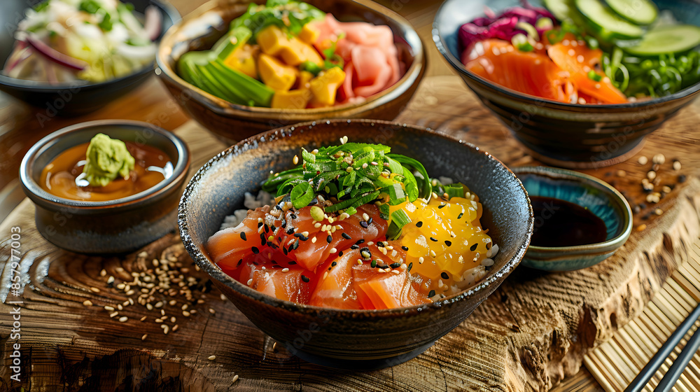 Fast food poke bowls served with a side of soy sauce, presented on a rustic wooden board Fast food poke bowls served with a side of soy sauce, presented on a rustic wooden board