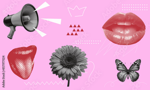 halftone collage with lips, flower, butterfly and megaphone. modern stylish pop art banner
