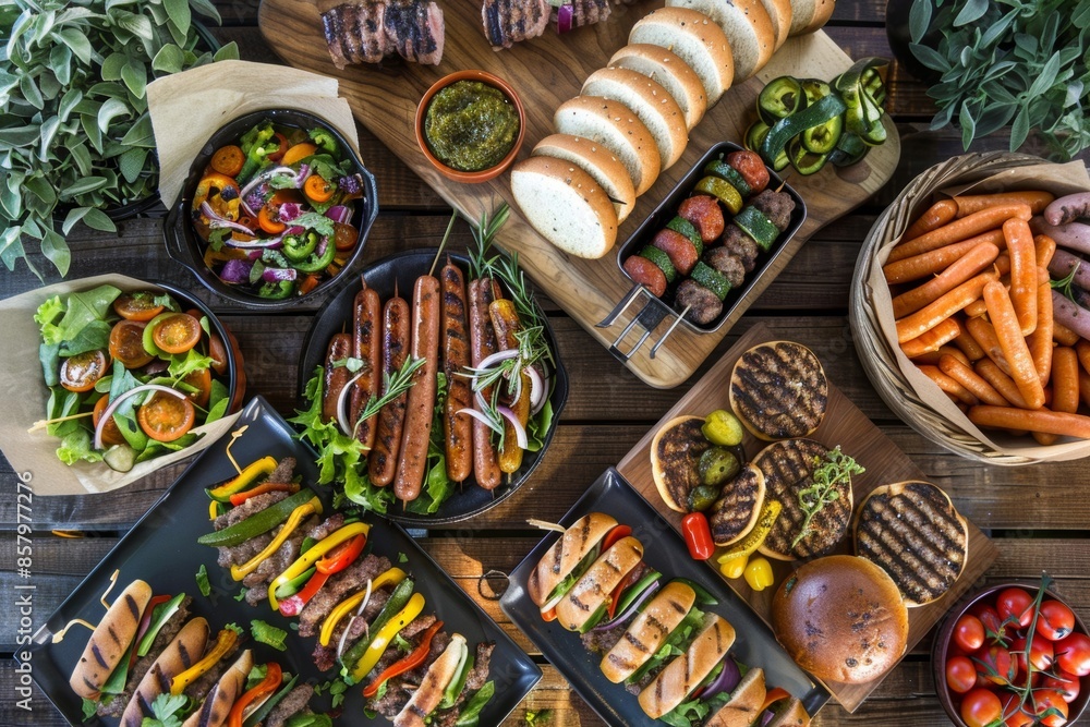 Fototapeta premium Enjoy a delightful summer BBQ featuring juicy burgers, sizzling hot dogs, and flavorful grilled vegetables, perfect for outdoor gatherings and picnics
