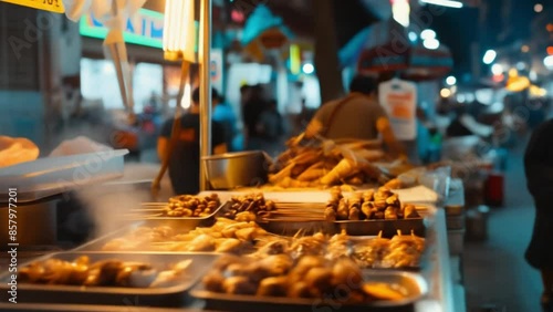 Traditional hot grilled Chinese street food placed in food stalls with smoke and surrounded by diverse people walking in the night market photo