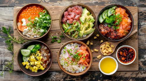 Fast food poke bowls served with a side of soy sauce, presented on a rustic wooden board