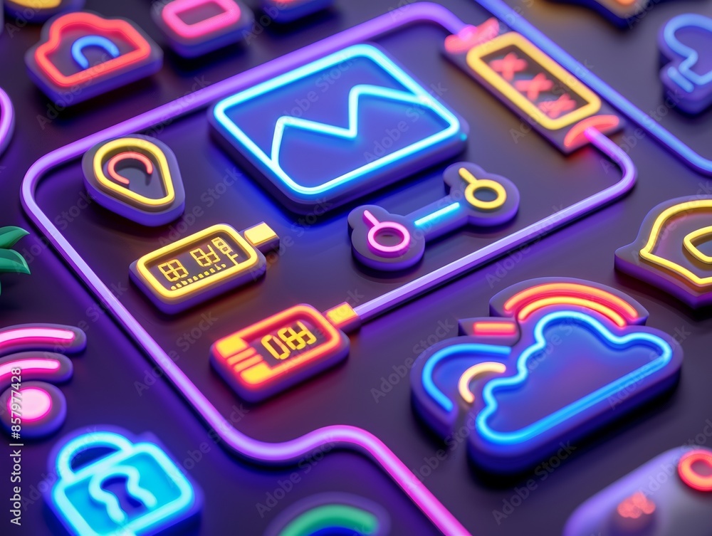 Neon icons on a dark background representing various digital concepts, including cloud storage, internet connectivity, and multimedia. Neon icons on a dark background representing various digital concepts, including cloud storage, internet connectivity, and multimedia.