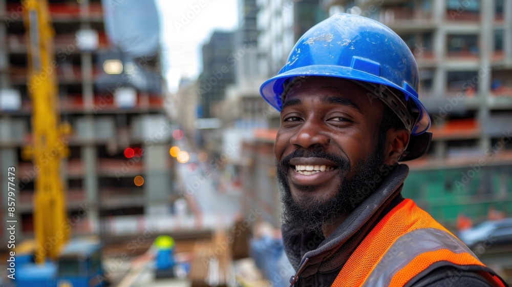 A cheerful construction worker in a blue hard hat and orange safety vest stands confidently amidst a bustling construction site, with towering buildings and heavy equipment as a backdrop.
A cheerful construction worker in a blue hard hat and orange safety vest stands confidently amidst a bustling construction site, with towering buildings and heavy equipment as a backdrop.