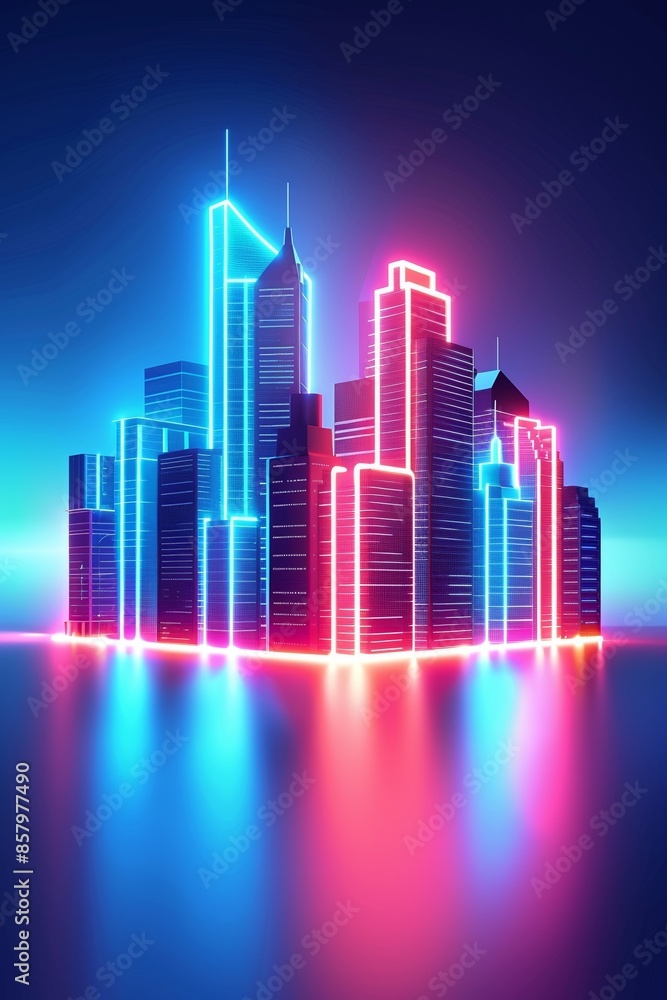 Vibrant neon cityscape with glowing skyscrapers reflecting on water surface, creating a futuristic and energetic urban environment. Vibrant neon cityscape with glowing skyscrapers reflecting on water surface, creating a futuristic and energetic urban environment.
