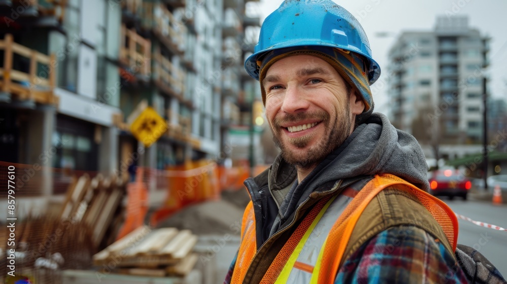 A smiling construction worker wearing a blue hard hat and an orange safety vest, standing on a construction site with buildings and equipment in the background.
A smiling construction worker wearing a blue hard hat and an orange safety vest, standing on a construction site with buildings and equipment in the background.