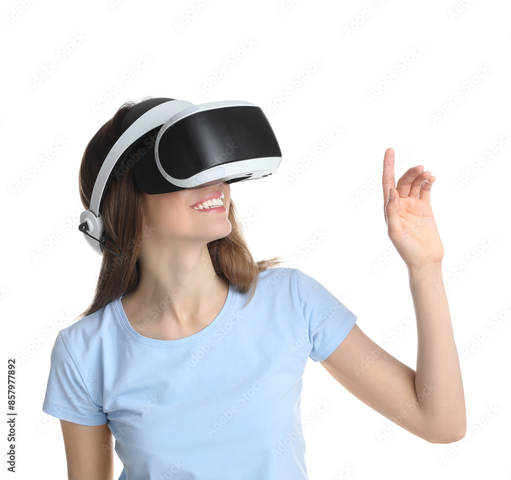 Smiling woman using virtual reality headset on white background Smiling woman using virtual reality headset on white background