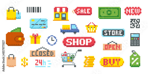 Pixel art shopping icon set. Pixel shop, open closed door sign retail store. Retro 8-bit icons for computer game marketplace.